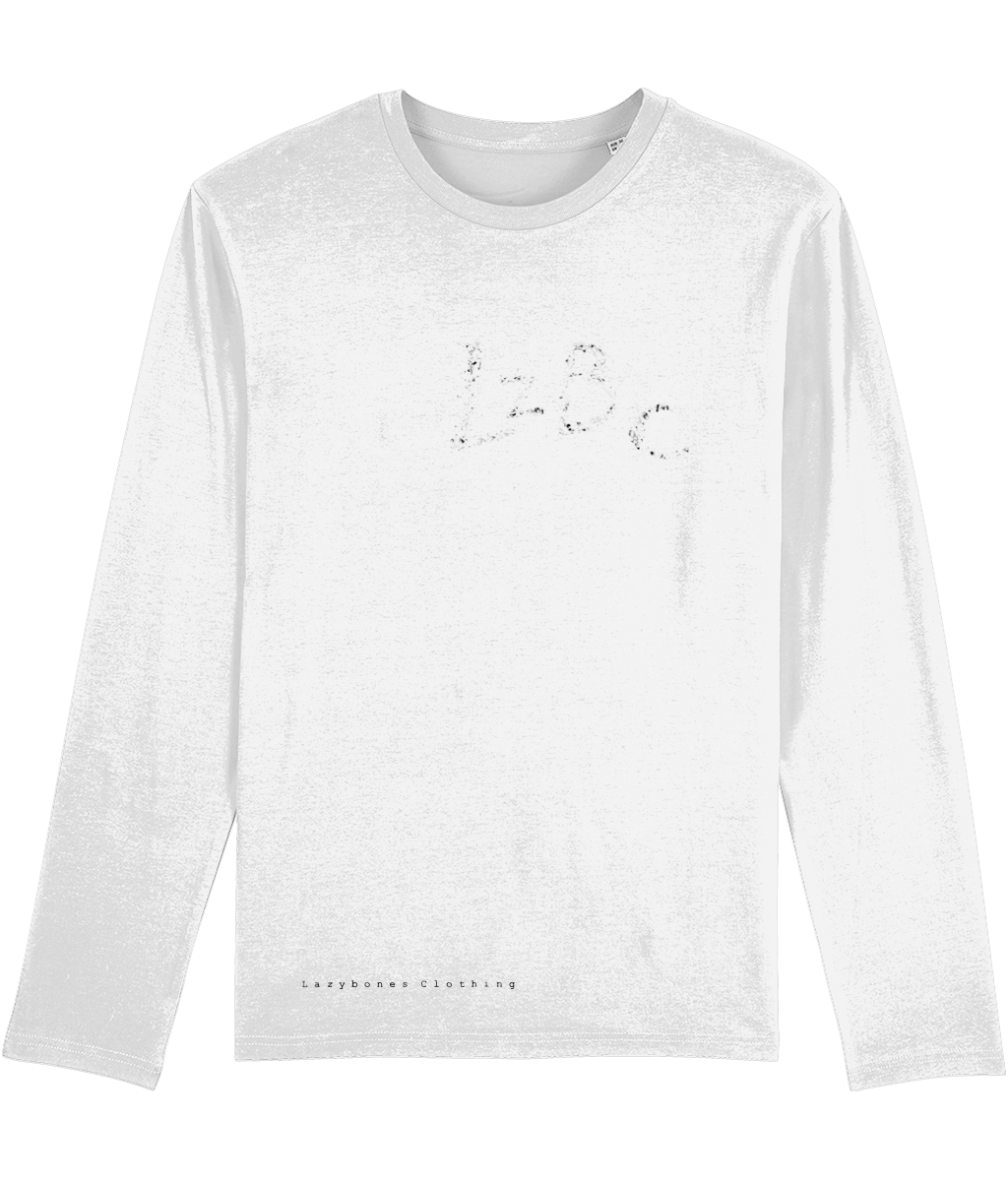Long sleeve white t-shirt with the brand's initials, 'LzBc,' spray-painted in a bold, graffiti style on the front, adding a striking and urban-inspired touch. It also has lazybones clothing printed at the bottom