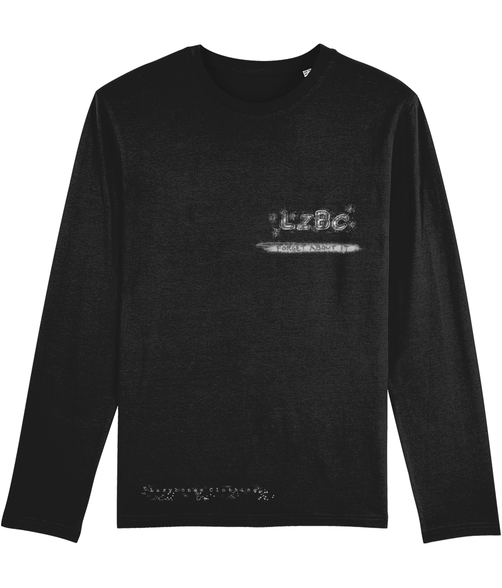 A black organic cotton long-sleeve T-shirt featuring "LZBC" in bold white lettering on the front. Below the logo, the phrase "Forget About It" lingers like a quiet challenge. Ethically made and sustainably sourced, this design merges minimalism with intrigue, a statement that speaks without saying too much.
