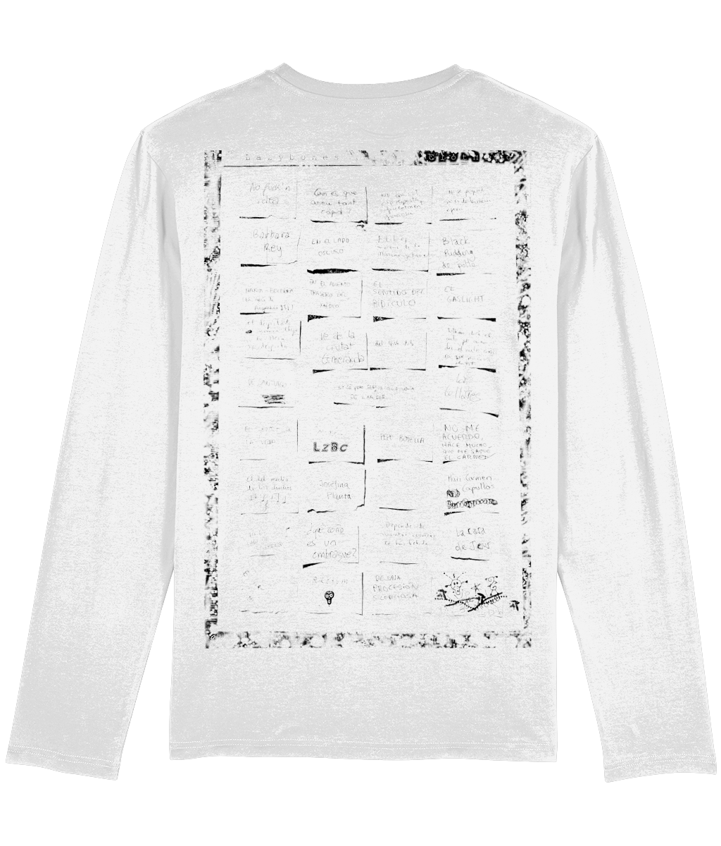 Long sleeve white t-shirt featuring an artistic design on the back: several small pieces of paper with random sentences written on them, arranged in a scattered, collage-like style for a thought-provoking and unique look