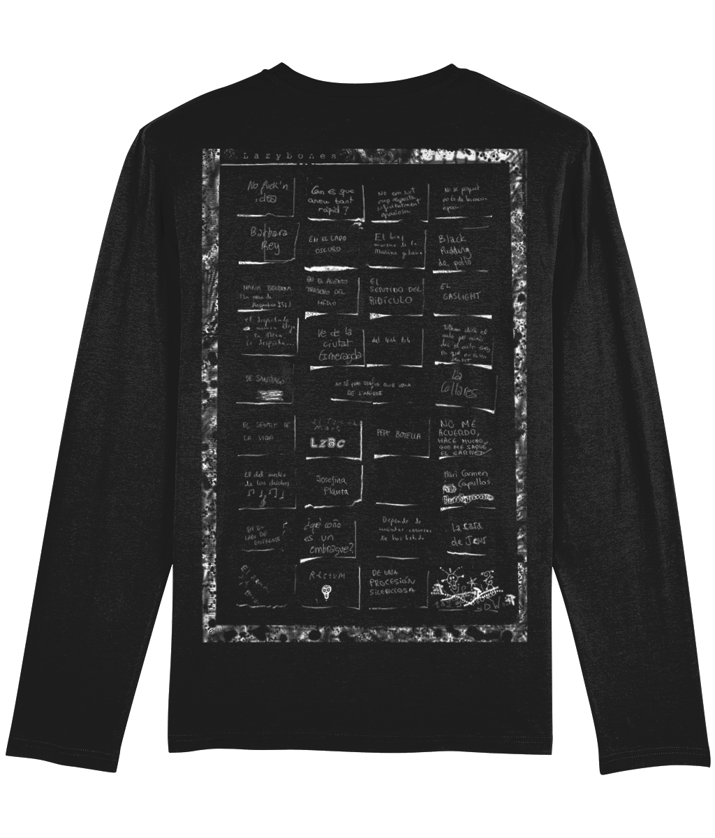 Long sleeve black t-shirt featuring an artistic design on the back: several small pieces of paper with random sentences written on them, arranged in a scattered, collage-like style for a thought-provoking and unique look