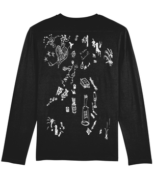 A deep black organic cotton long-sleeve, etched with white doodles that drift like forgotten thoughts. A lone bottle, an empty chair—scattered in surreal harmony across the back. Each sketch a mystery, each line a whisper. Ethically crafted, sustainably sourced—this isn’t just fabric, it’s a portal to the in-between, where meaning flickers and fades.